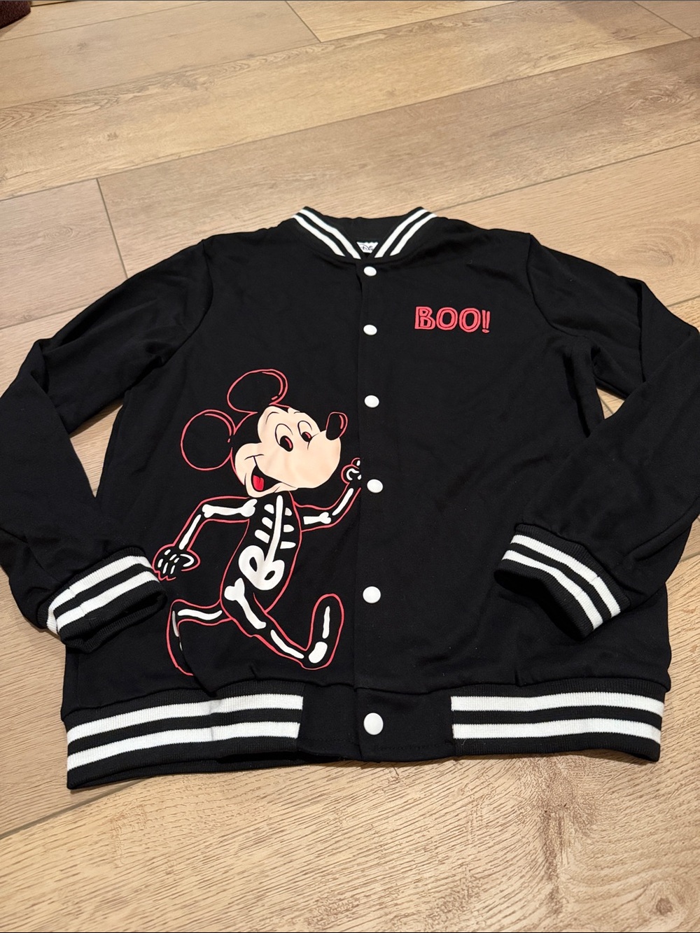 Disney Black and White Striped Bomber Jacket with Red Accent